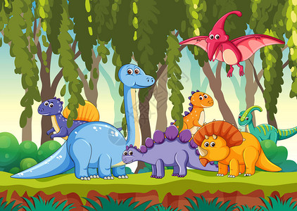 森林插图中的不同恐龙图片