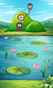 池塘边的山屋插画图片