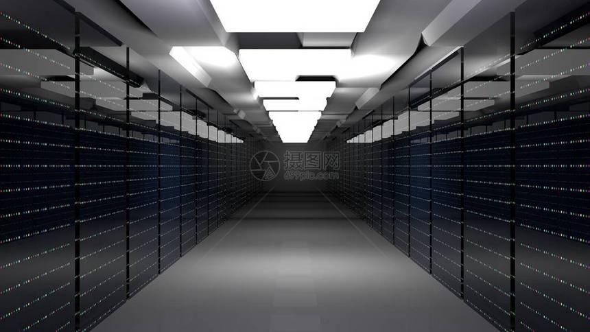 服务器机房云数据中心的服务器机架数据中心硬件集群3d渲染带有存储信息的备份托管大型机场图片