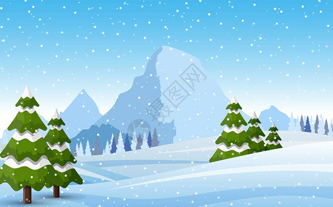 带松树山丘和雪花的冬季雪山景观图片