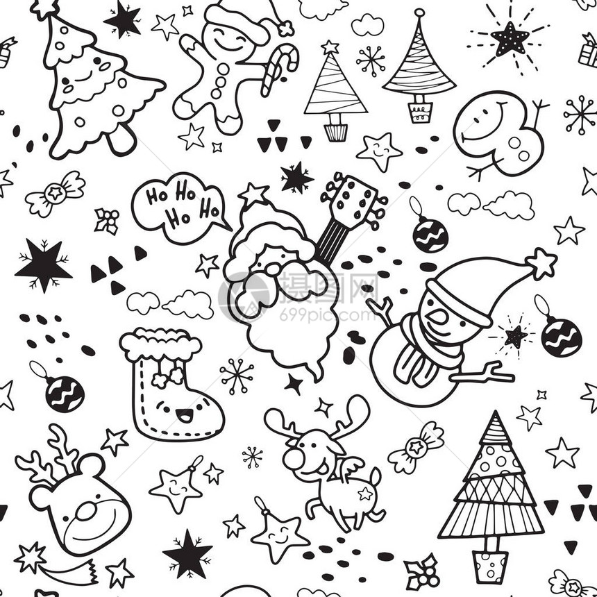 涂鸦可爱圣诞快乐和圣诞快乐同伴的矢量插图雪驯鹿和精灵在圣诞图片