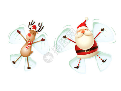 翅膀自做圣诞老人和驯鹿在雪中做天使在白色背景上孤插画