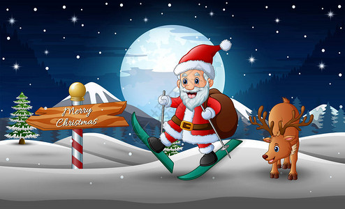 快乐的圣诞老人滑雪和路上的一只鹿图片