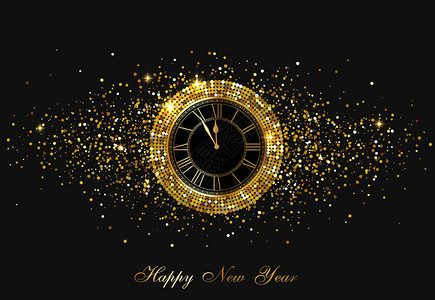 黑色新年快乐闪亮的海报有时钟和金面背景图片