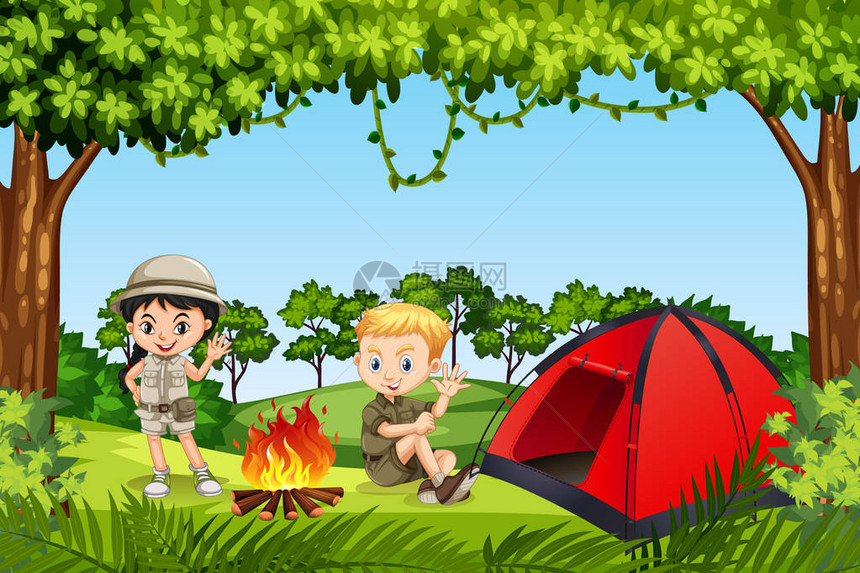 两个孩子在树林里露营插画图片