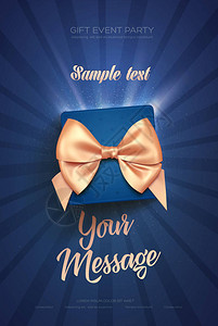 美丽的情人节贺卡传单或海报蓝色礼品盒和金弓的顶端视图片
