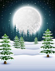 冬天的夜晚背景与松树在晚上的卡通图片