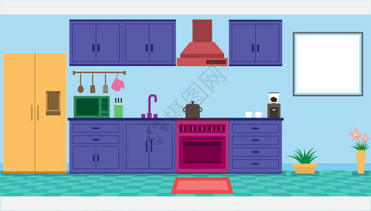 室内多彩的厨房间和厨房用具在矢图片