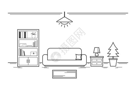 室内客厅带白颜色的直线概念以及房间矢量和插图中图片