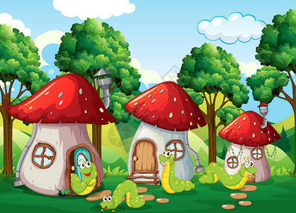 毛虫在蘑菇屋插图图片