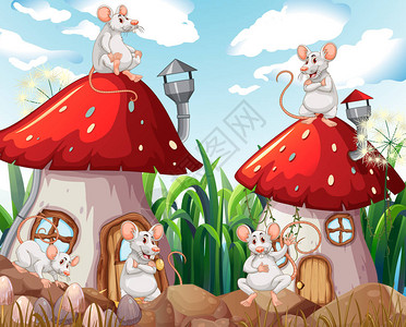 老鼠在蘑菇屋插图图片