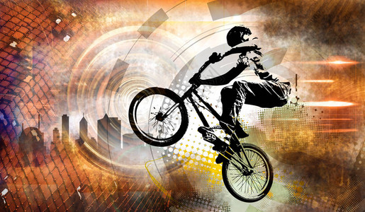 年轻男骑自行车跳跃者健背景图片