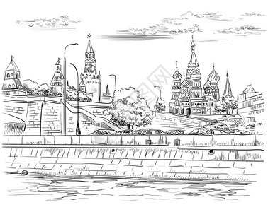 克里姆林宫塔堤的城市景观和莫斯科河上的桥梁插画