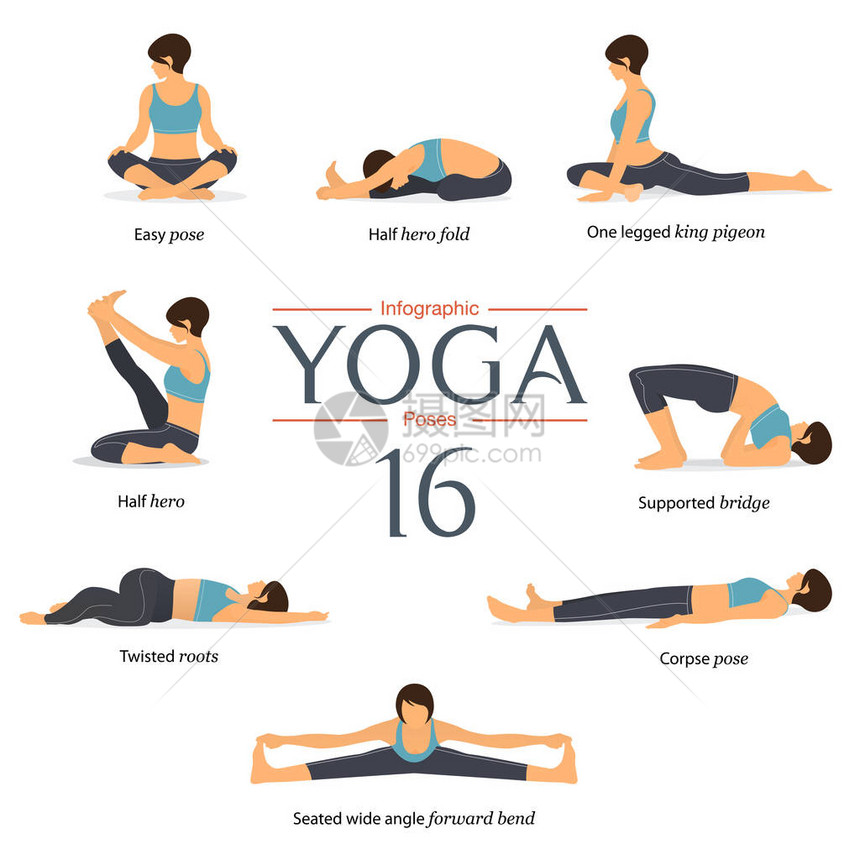 在平面设计中设置8个瑜伽姿势女人穿着蓝色衬衫和黑色瑜伽裤锻炼瑜伽信息图片