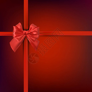红色节日背景与缎带和美丽的蝴蝶结礼品包装或礼品卡模板生日圣诞节装背景图片