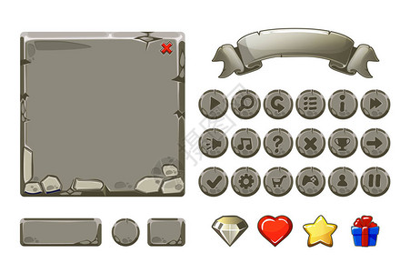 用于Ui游戏GUI图标的大设置卡通灰色石块资产和按钮类似图片