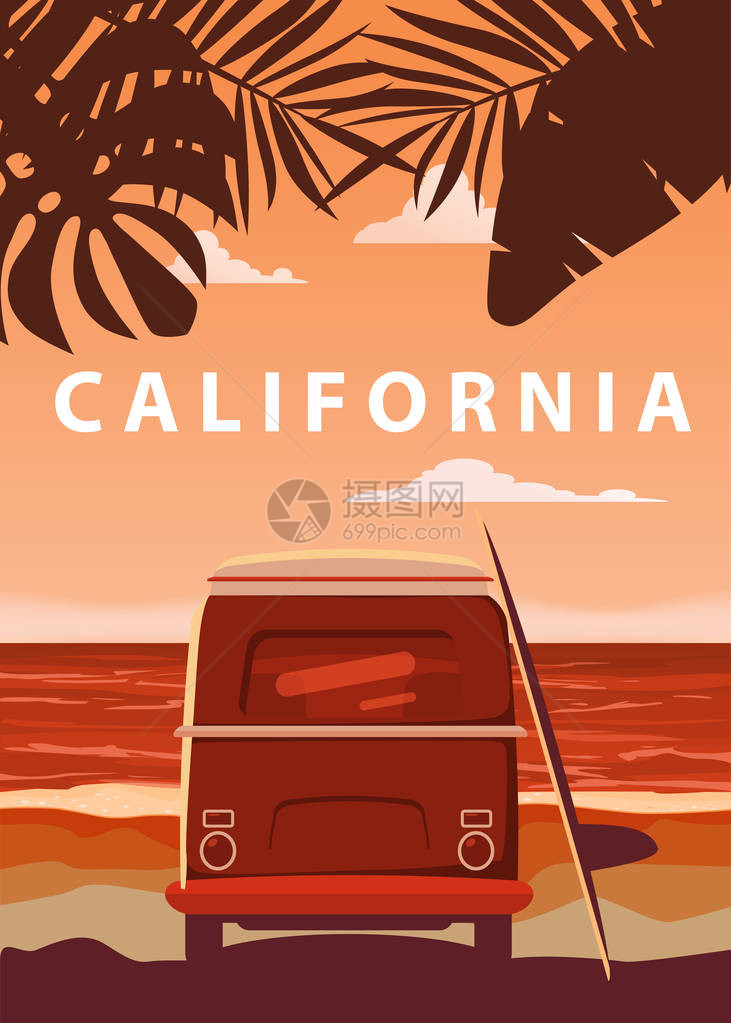 Surfer橙色公共汽车面包车热带海滩上有冲图片