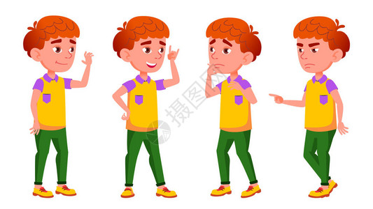 男孩小学生孩子姿势设置向量红头情绪用于网页小册子海报设计图片