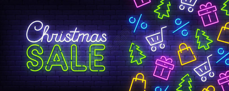 圣诞销售霓虹灯圣诞快乐网页横幅新年快乐设置图标志标志和标签霓虹灯图片