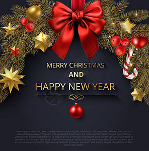 圣诞快乐和新年快乐问候与冷杉树枝与圣诞装饰品和红色缎蝴蝶结图片