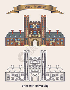 美国新泽西州的普林斯顿大学或私立常春藤联盟研究型大学院立面或教育大楼细线建筑外观建插画