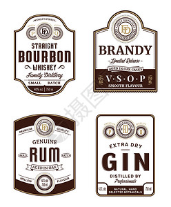 酒精复古和包装设计模板波旁威士忌白兰地朗姆酒和杜松子酒提炼商业品牌和图片