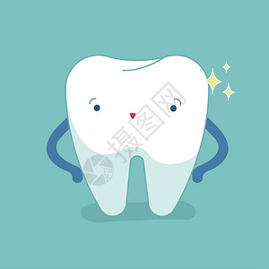 单一白牙健康牙齿口腔卫生病媒现代扁卡通插图牙科护理蓝背景和牙科概念等情况背景图片