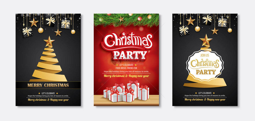 圣诞贺卡快乐和政党邀请黑背景传单设计中的矢量插图元素NAMEOFTRANS图片