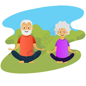 幸福的老夫妇身着运动服练习瑜伽练习可爱的祖母和祖父活跃的老人卡通图片