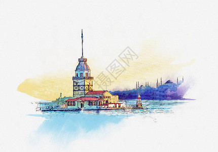 拜占庭式在土耳其伊斯坦布尔的黎明月台插画
