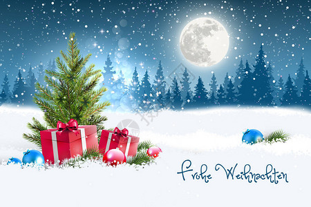 圣诞贺卡概念德语圣诞快乐以月亮为背景的冬季夜景图片