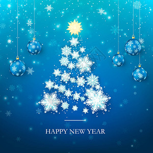 蓝色的新年快乐贺卡从纸雪花的圣诞树剪影新年快乐图片