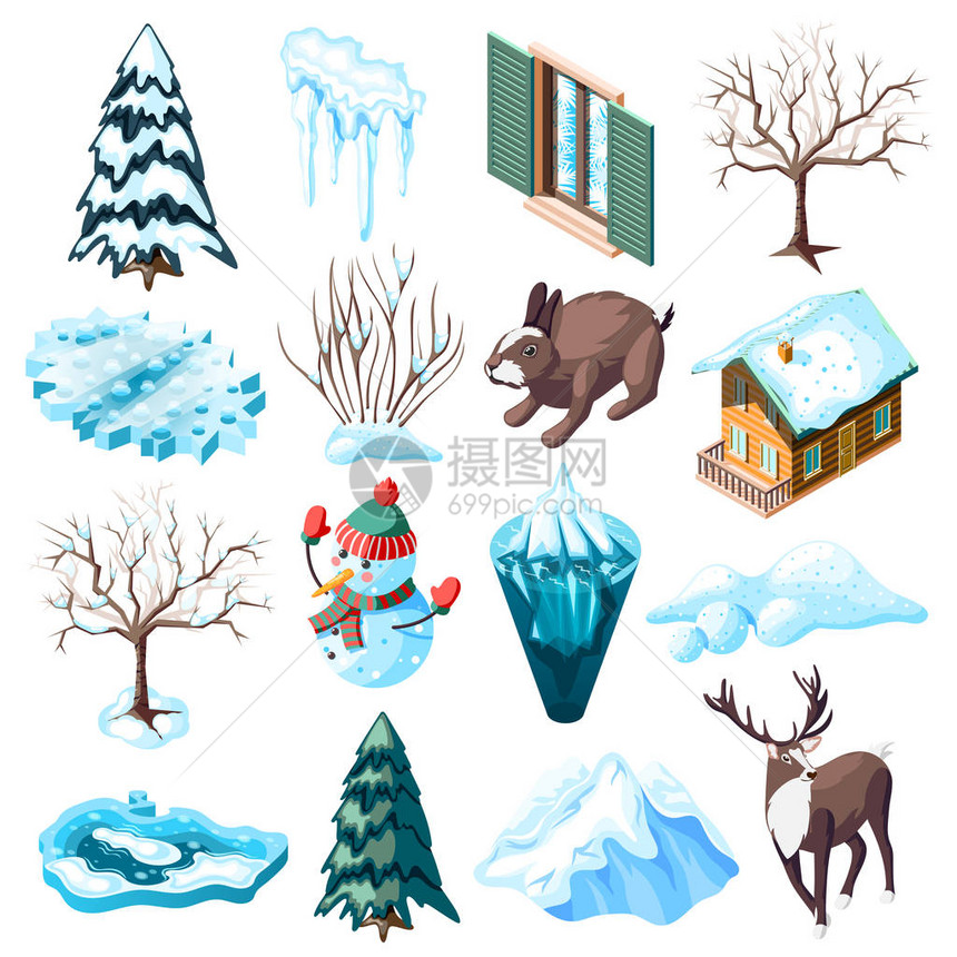 由动物裸露树木和灌木组成的一套冬造景观等量度图标图片