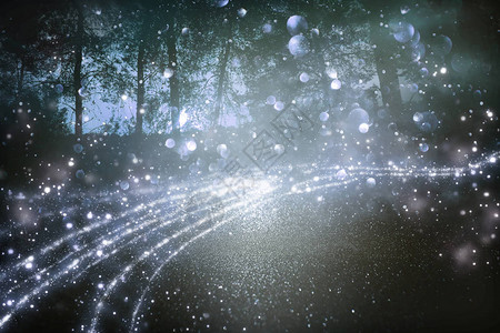 夜林中闪光萤火虫飞翔的抽象和神奇图图片