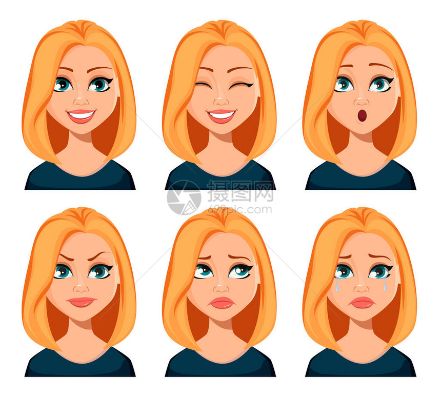 金发女人的面部表情不同的女情绪集美丽的卡通人物现代商业女孤立在白色背图片