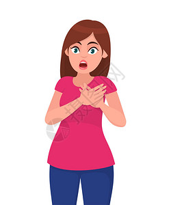 年轻有魅力的震惊女人手放在胸前心脏病发作疼痛健康问题的生病妇女用手抚摸她的胸部矢量卡通中的人类背景图片