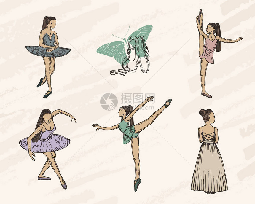 芭蕾舞者滚动式矢量图解手画仿制品女孩组图片