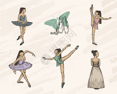 尖头鞋芭蕾舞者滚动式矢量图解手画仿制品女孩组插画