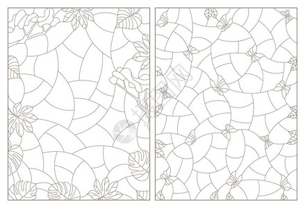 一组具有抽象背景的彩色玻璃热带植物和蝴蝶白色背景上的深色图片
