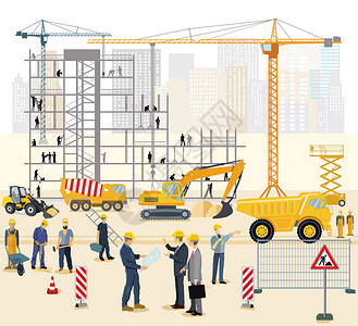 三一挖掘机交通和建筑工地的工人图一2000插画