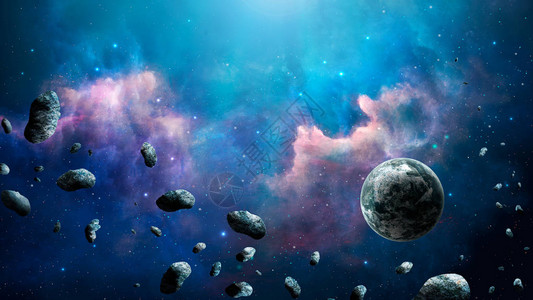 空间场景蓝色星云及行星和小行星图片