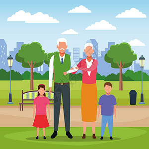父母祖父母和女儿及子在城市公园景场的亲生子女图片