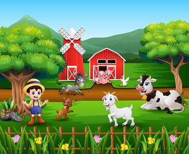 有许多动物和农民的农场景图片