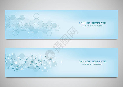 具有分子背景和神经网络的站点的矢量横幅和标题基因工程或实验室研究医学科学和技术设计的背景图片