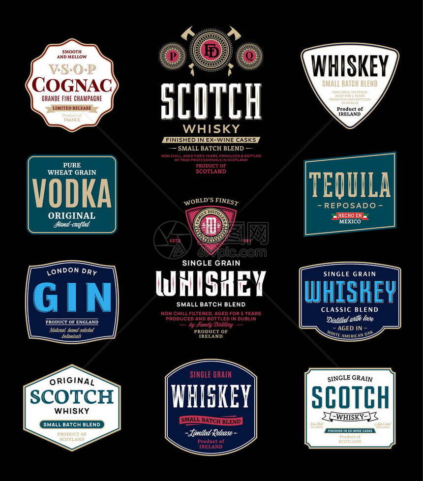 酒精和包装设计模板威士忌苏格兰威士忌杜松子酒干邑白兰地龙舌兰酒和伏特加酒提炼商业品牌和图片