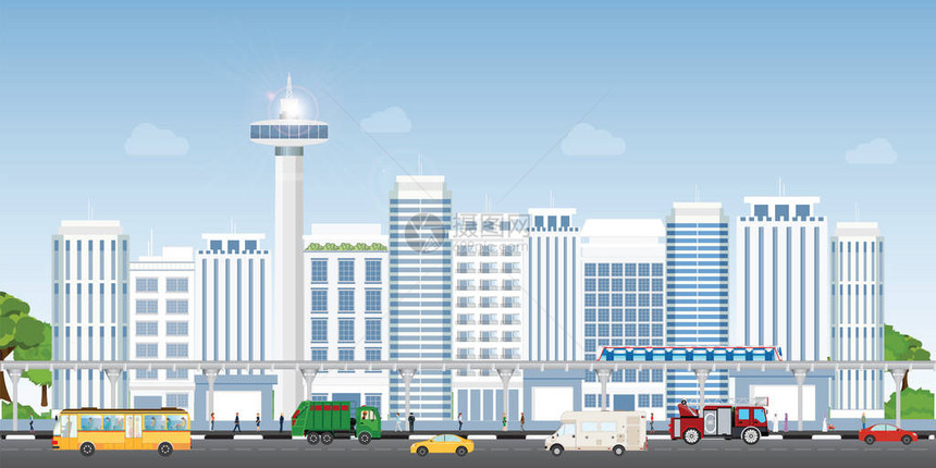城市风景包括现代建筑人与交通城市生活概念平板式矢量说明单图片