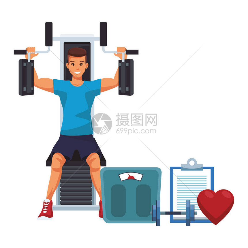 健身胸机上的健身男子和元素矢量图片