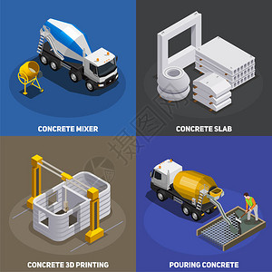 含运输水泥混合装置和工业设施的混凝土生产等量2x2设计概念图片