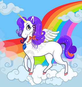 多色卡通儿童白色小马独角兽公主的举例长着大眼睛金角羽翼和紫色花朵站在彩虹云上班纳图片