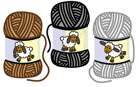 卡通搞笑羊在毛线球上羔羊毛纱插画